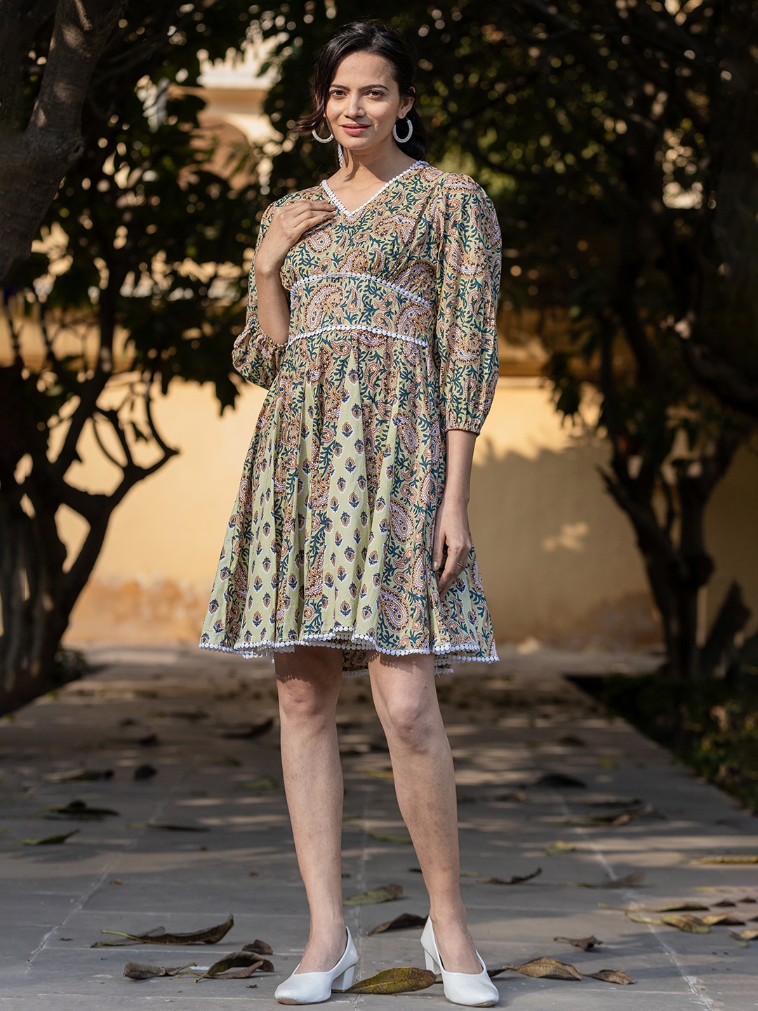 

Yufta Paisley Printed Lace Inserts Pure Cotton Empire Dress, Green