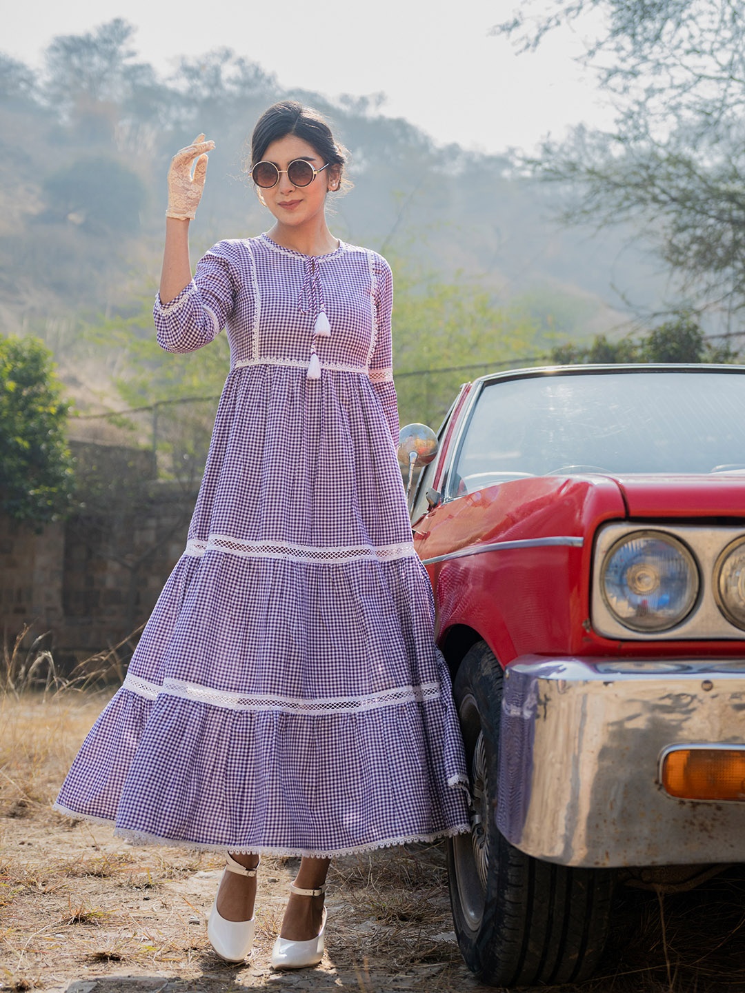 

Yufta Checked Tie-Up Neck Lace Inserts Pure Cotton Tiered Fit and Flare Maxi Dress, Purple