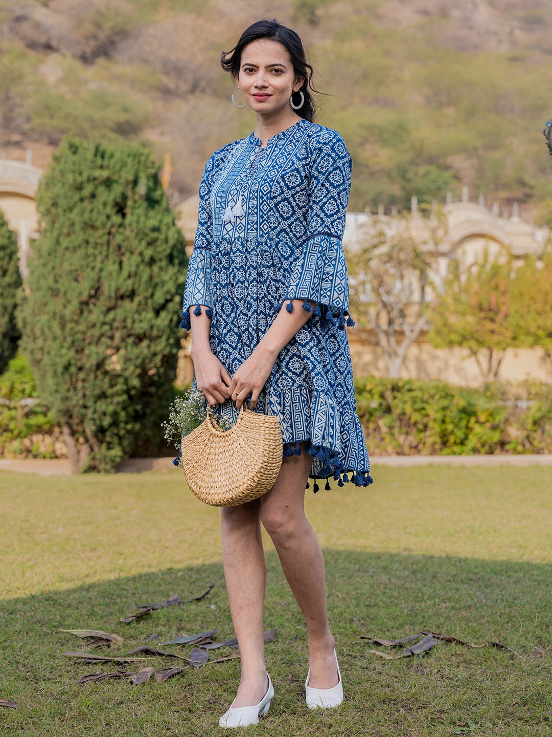 

Yufta Ethnic Motifs Printed Tie Up Neck Bell Sleeve Pure Cotton A-Line Dress, Blue