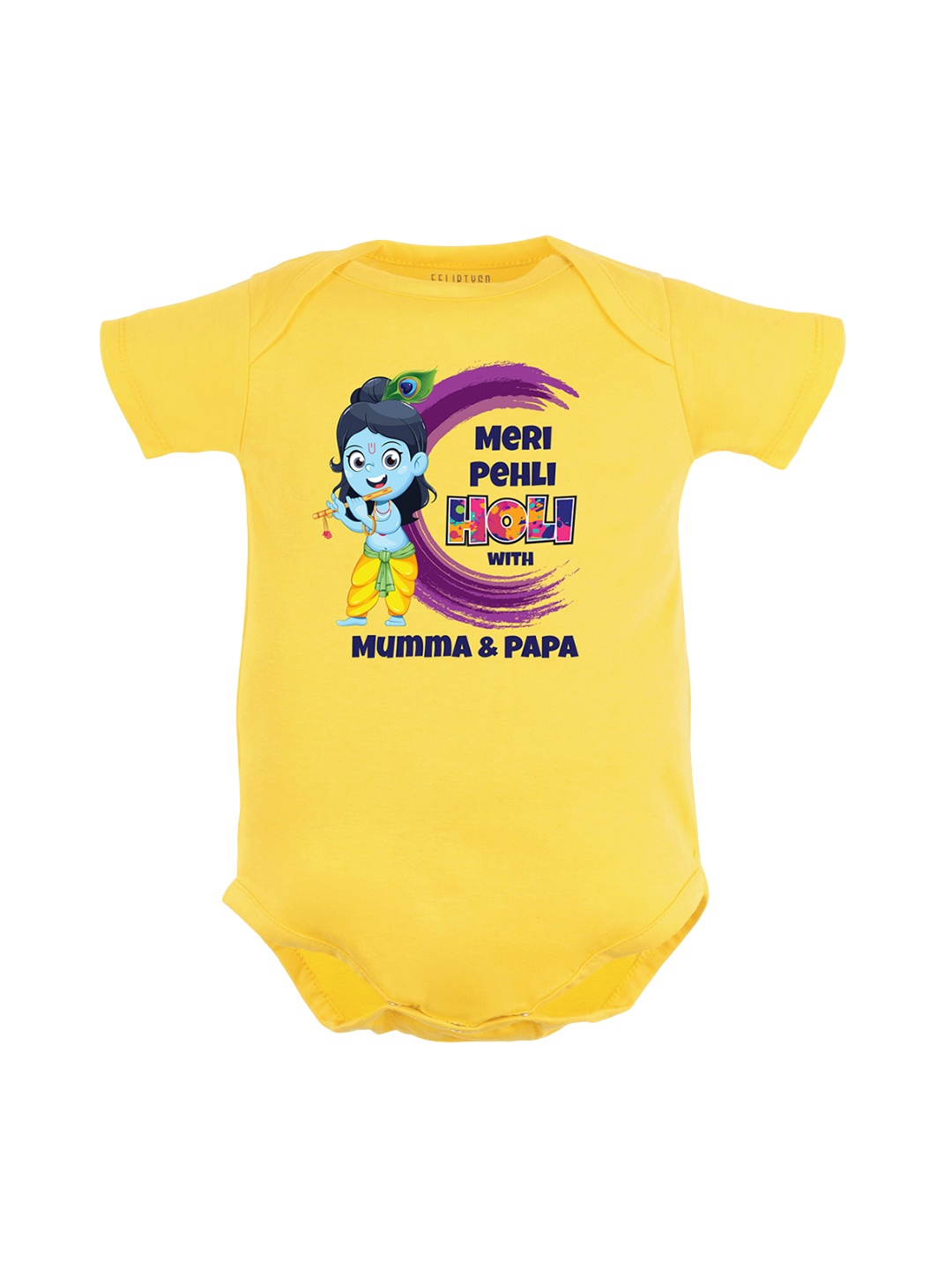 

FFLIRTYGO Infants Meri Pehli Holi With Mumma & Papa Printed Cotton Bodysuit, Yellow