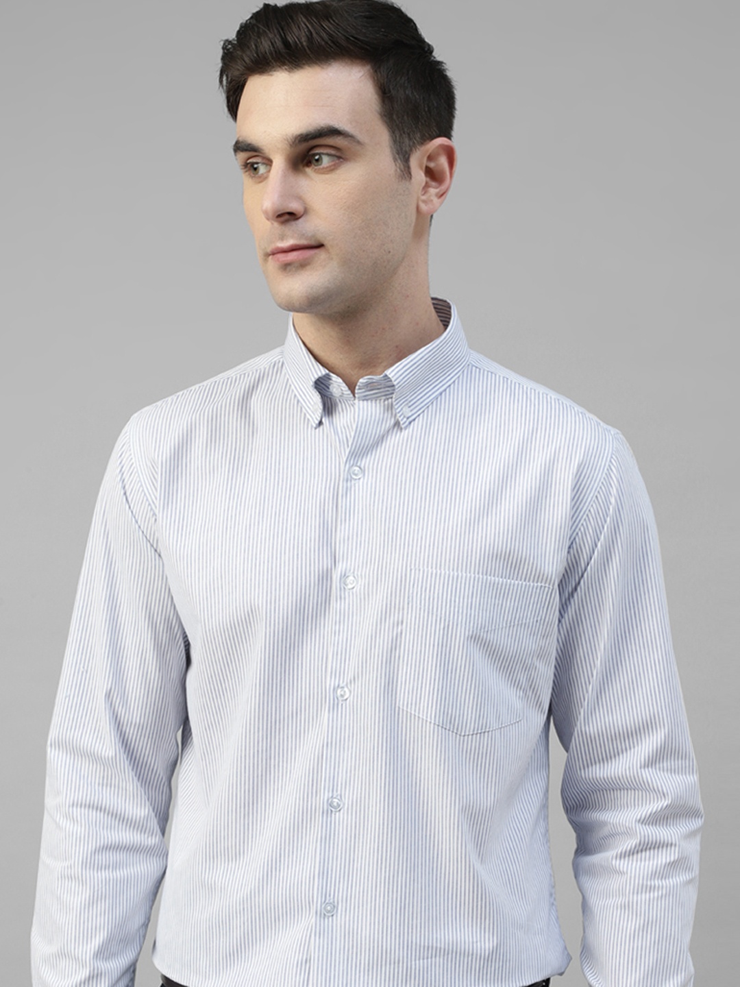 

English Navy Standard Slim Fit Striped Pure Cotton Formal Shirt, White