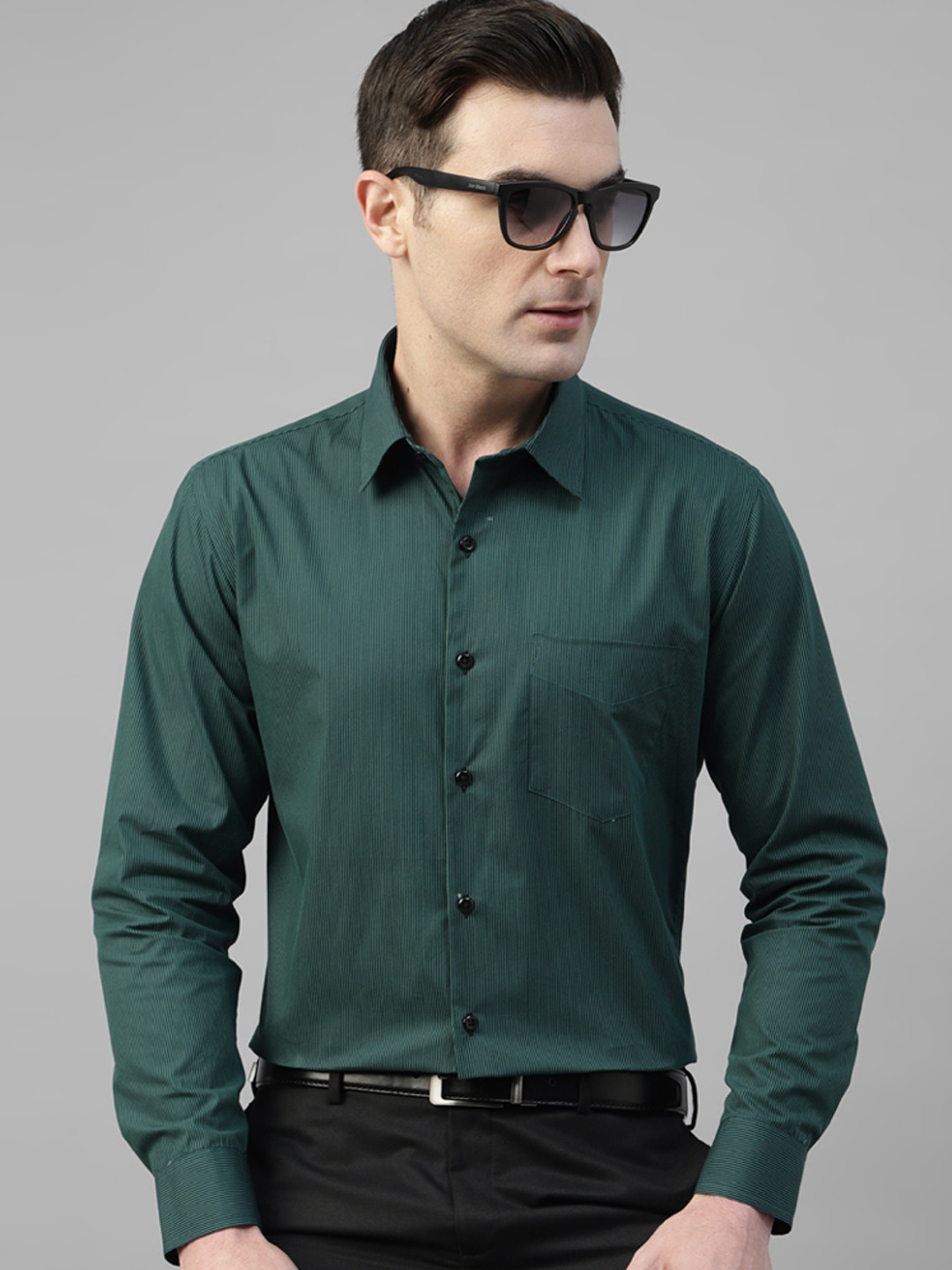 

English Navy Standard Slim Fit Pin Striped Pure Cotton Formal Shirt, Green