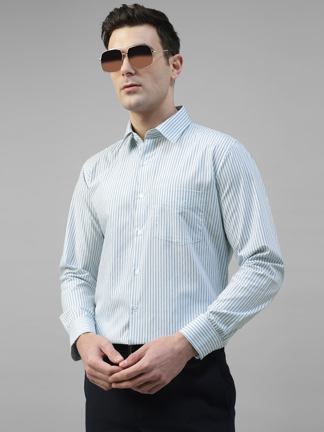 

English Navy Standard Slim Fit Striped Pure Cotton Formal Shirt, White
