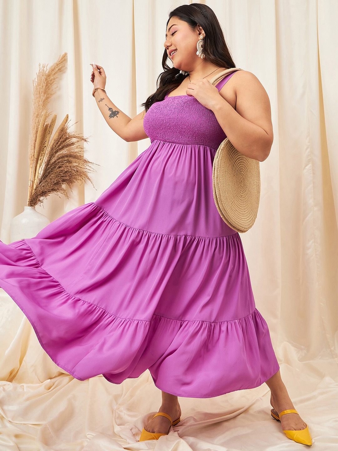 

Berrylush Curve Purple Square Neck Smocked Empire Maxi Dress