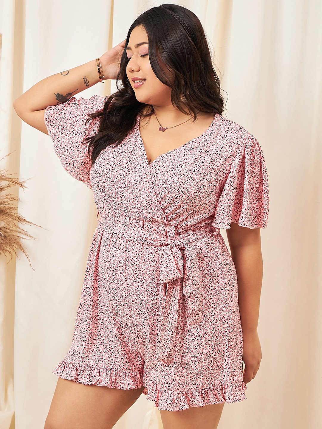 

Berrylush Curve Floral Printed V-Neck Playsuit, Pink