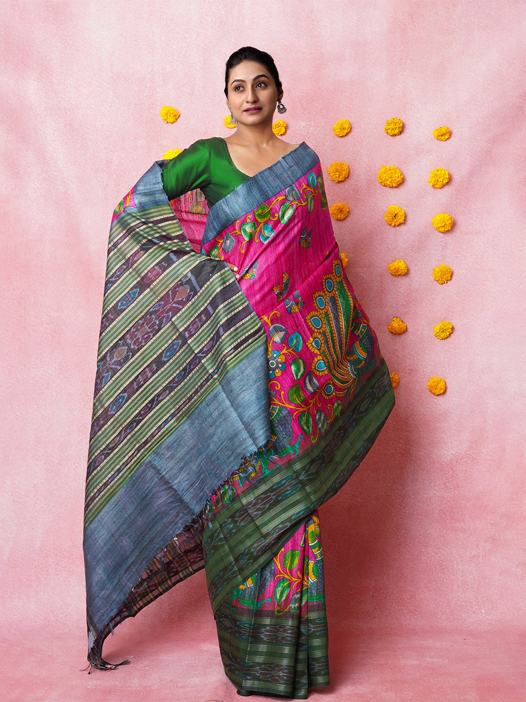 

Unnati Silks Kalamkari Printed Pure Silk Handloom Tussar Saree, Pink