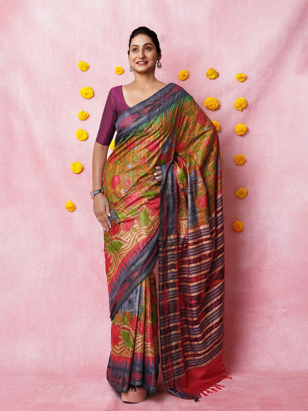 

Unnati Silks Kalamkari Pure Silk Tussar Saree, Brown