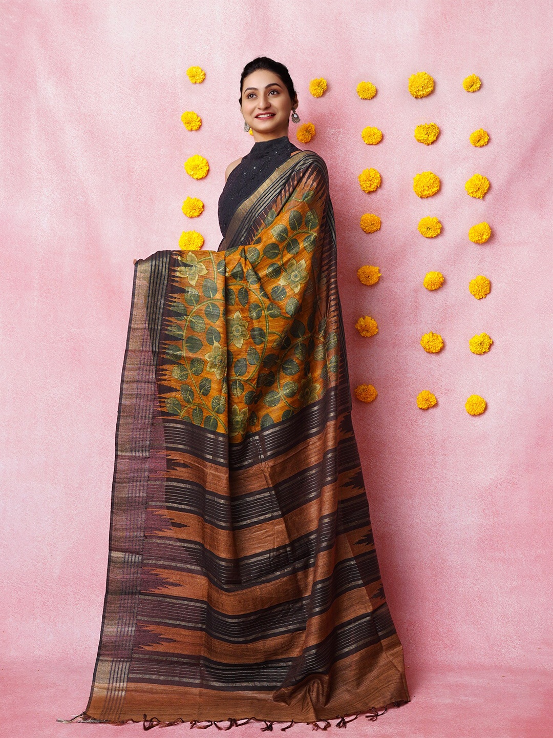 

Unnati Silks Kalamkari Printed Pure Silk Handloom Tussar Saree, Brown