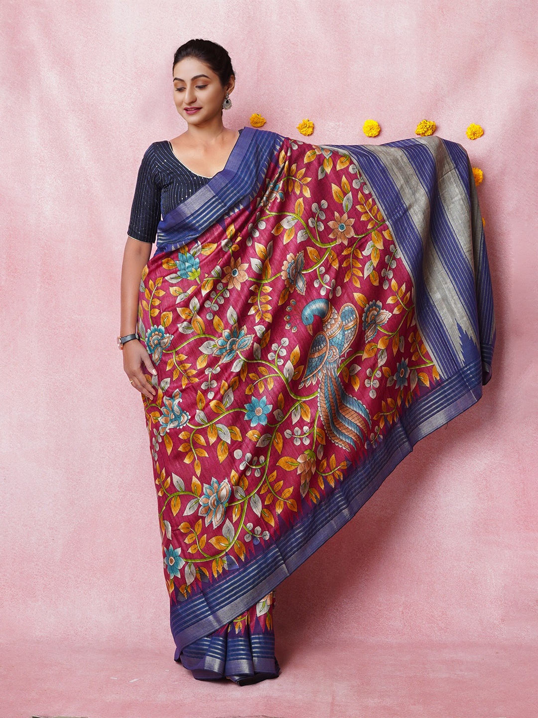 

Unnati Silks Kalamkari Printed Pure Silk Handloom Tussar Saree, Pink