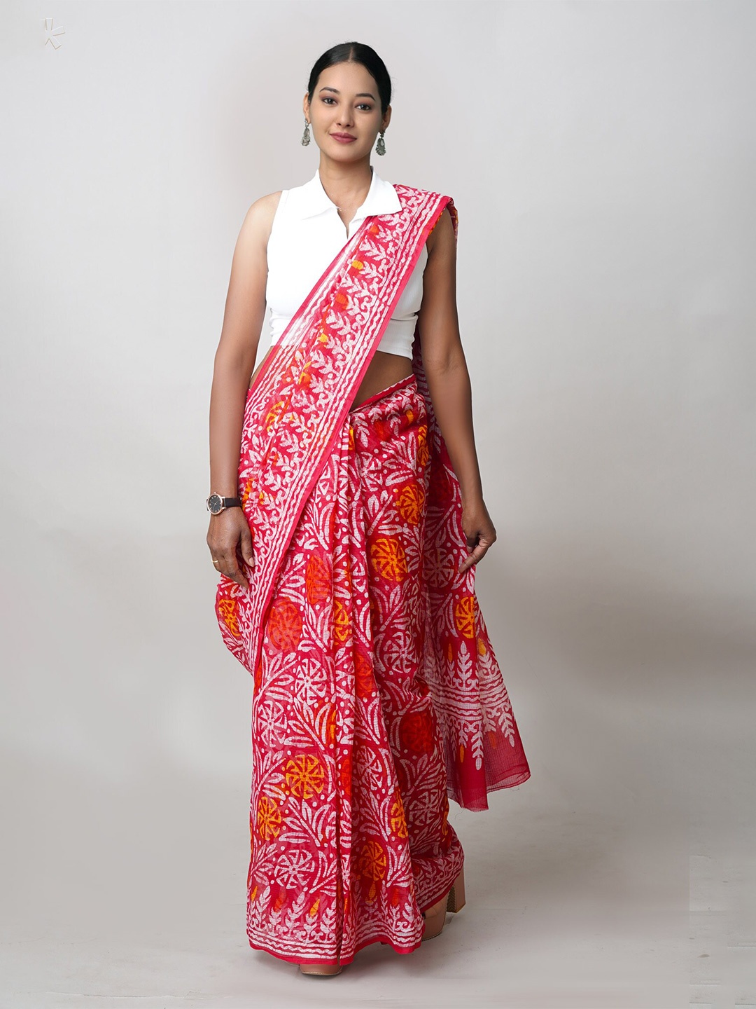 

Unnati Silks Batik Printed Pure Cotton Handloom Kota Saree, Red