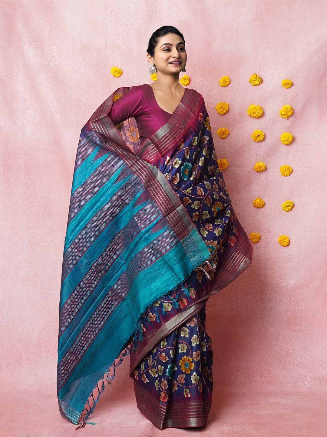 

Unnati Silks Kalamkari Printed Pure Silk Handloom Tussar Saree, Navy blue