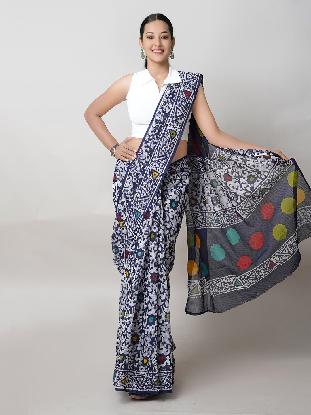 

Unnati Silks Batik Pure Cotton Handloom Kota Saree, Navy blue