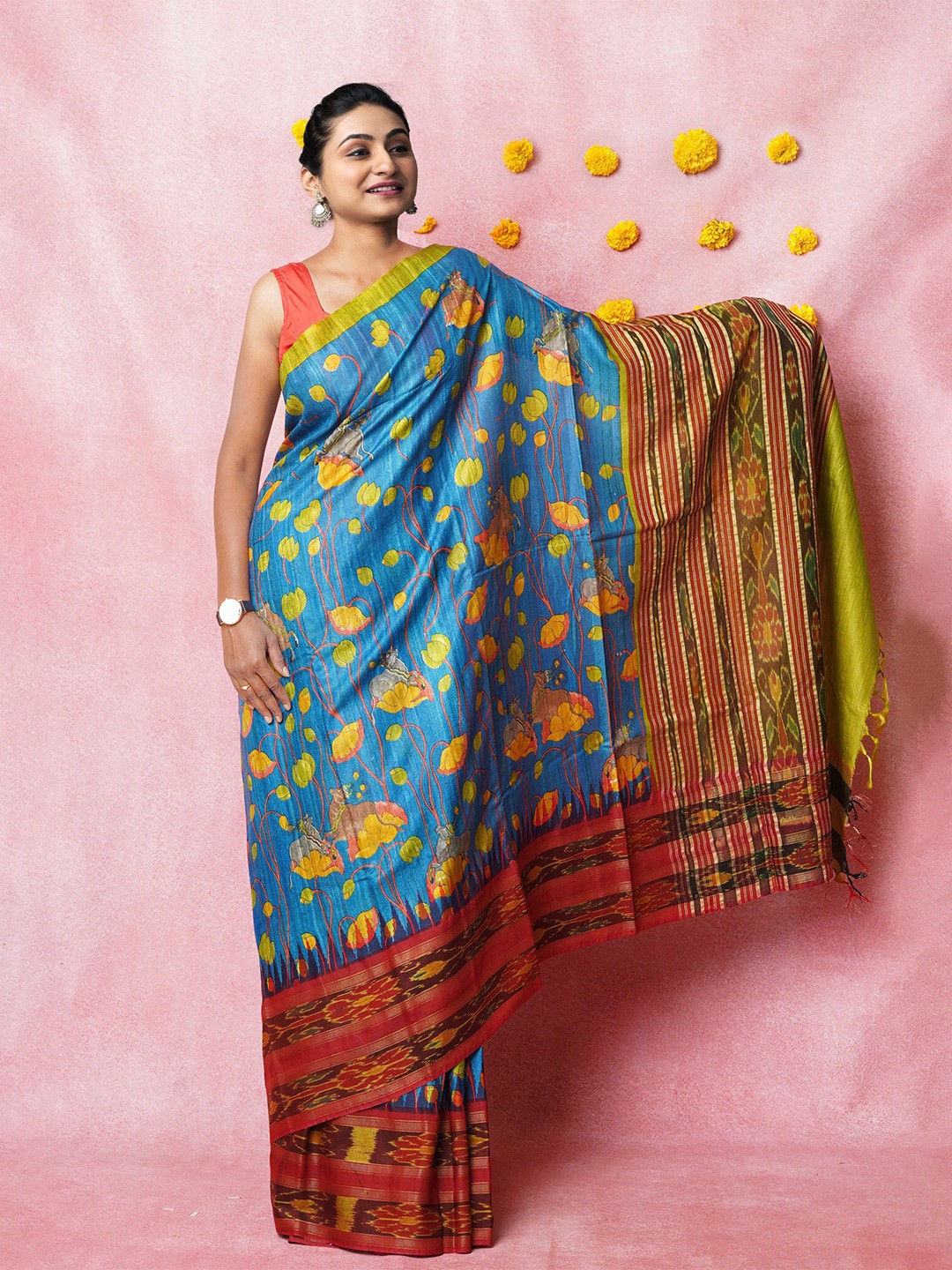 

Unnati Silks Kalamkari Printed Pure Silk Handloom Tussar Saree, Blue