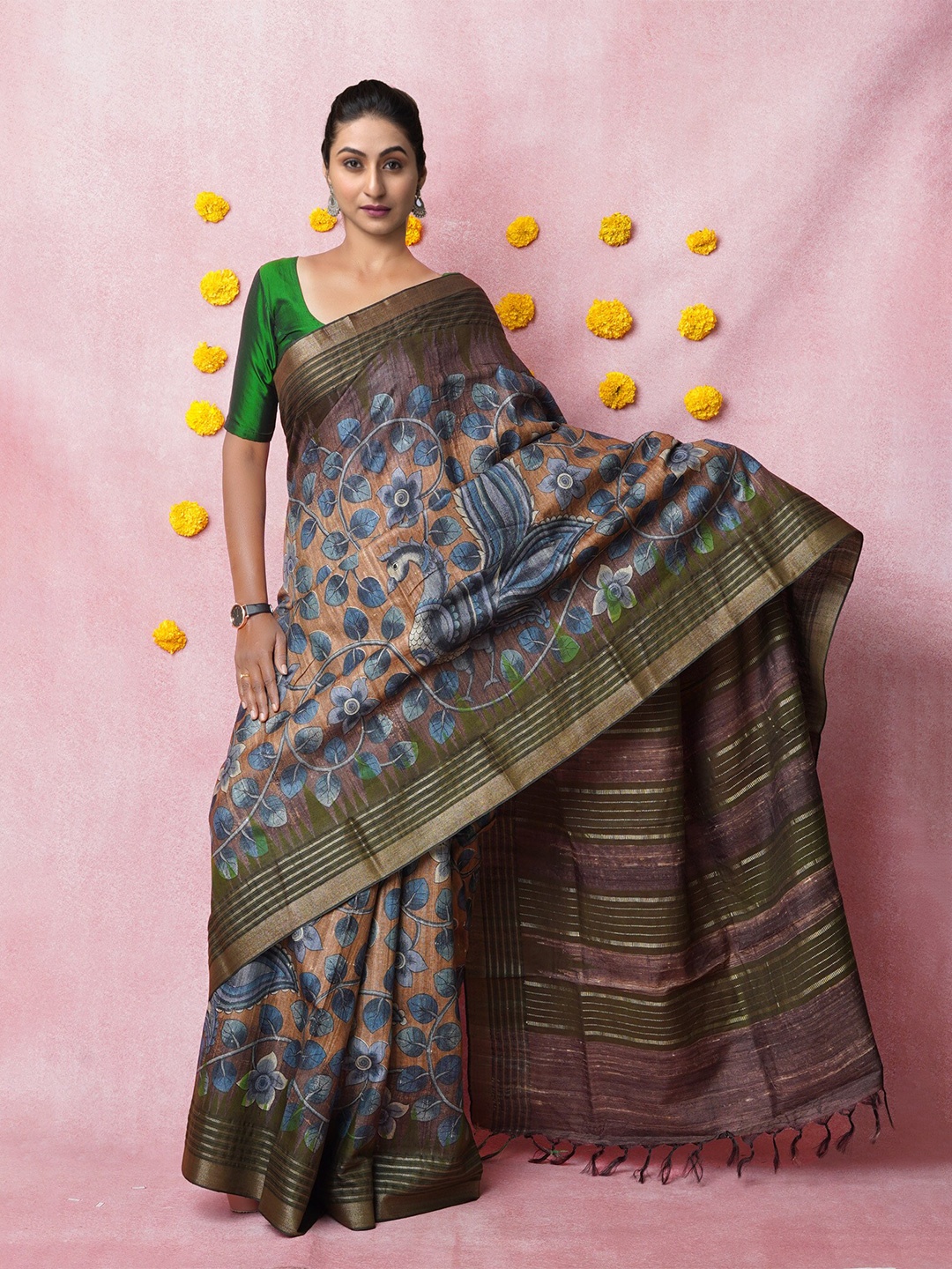 

Unnati Silks Kalamkari Printed Pure Silk Handloom Tussar Saree, Brown