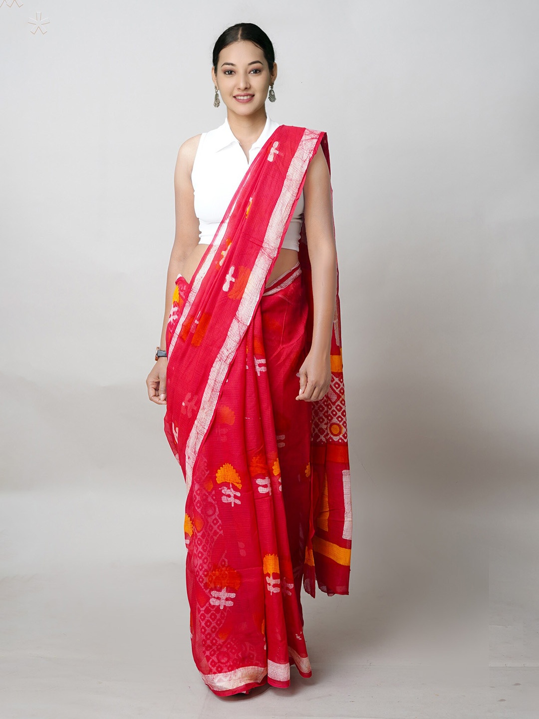 

Unnati Silks Batik Printed Pure Cotton Handloom Kota Saree, Red