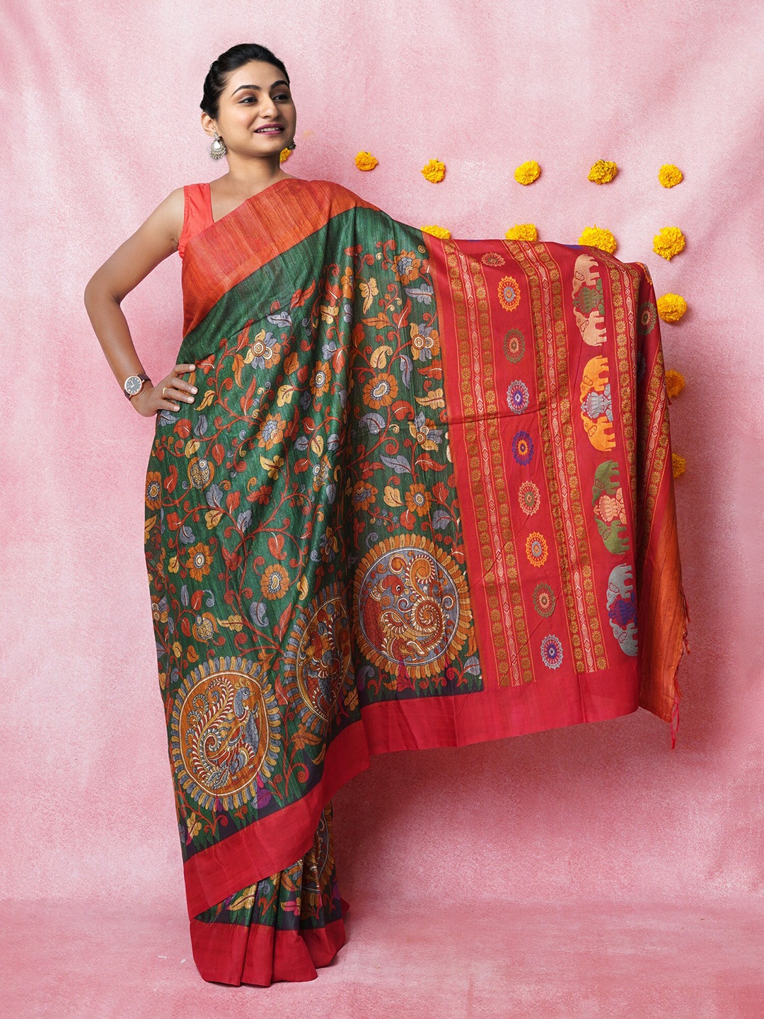 

Unnati Silks Kalamkari Printed Pure Silk Handloom Tussar Saree, Green