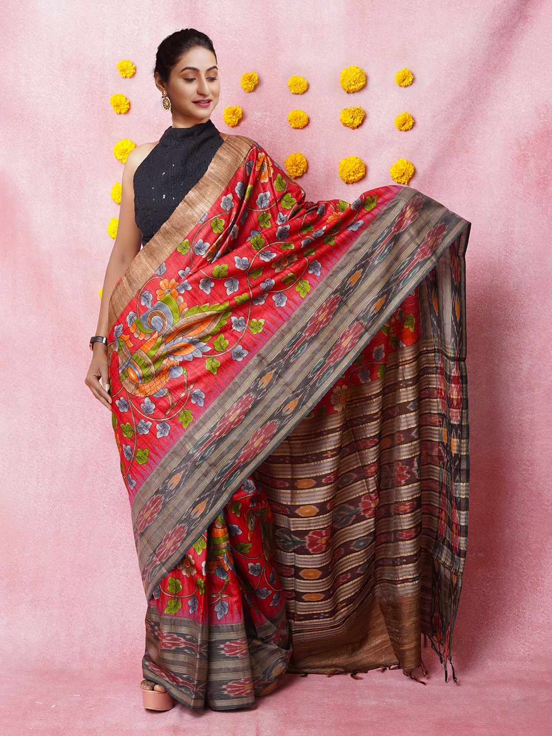 

Unnati Silks Kalamkari Printed Pure Silk Handloom Tussar Saree, Red