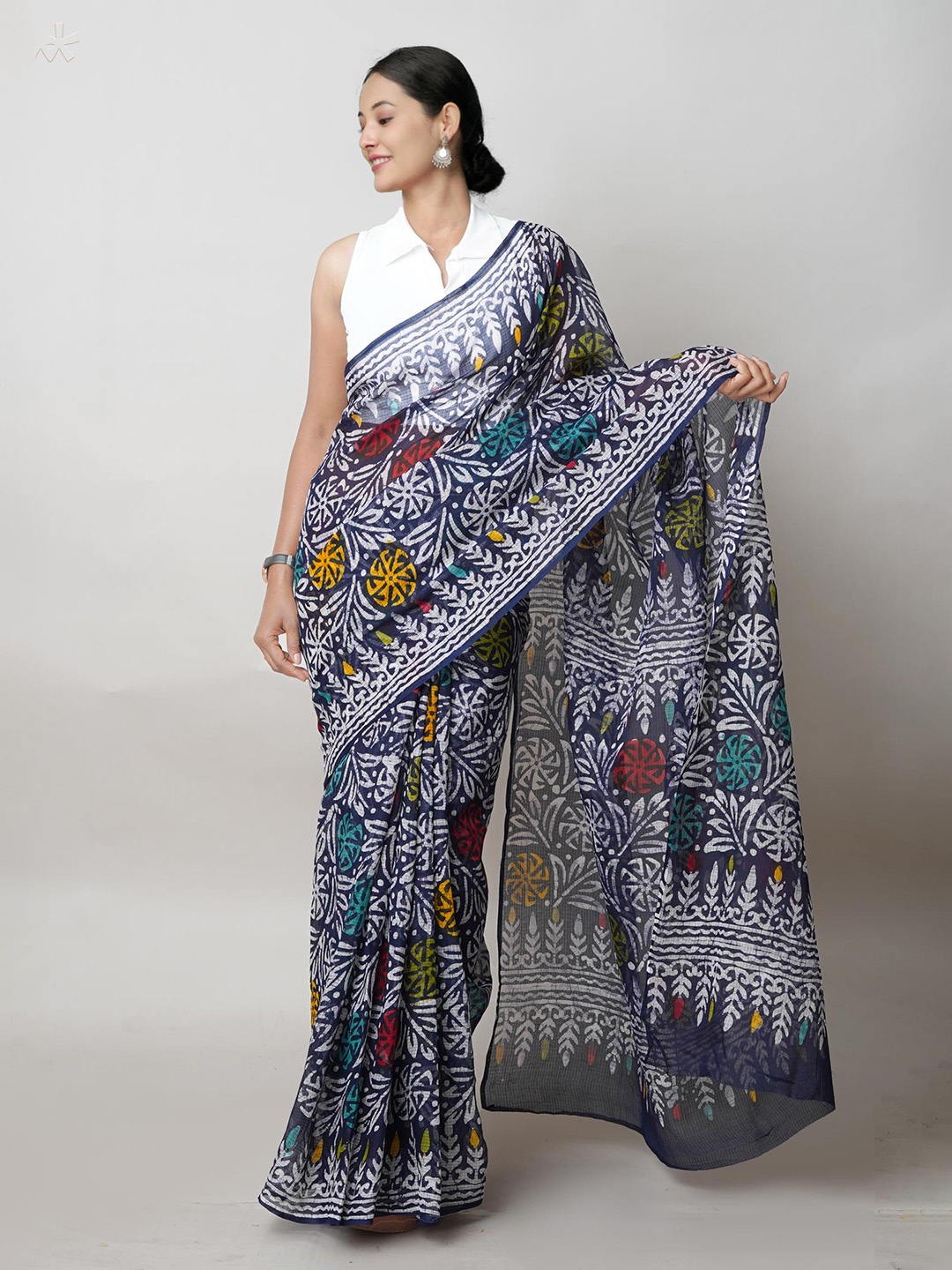 

Unnati Silks Batik Printed Pure Cotton Handloom Kota Saree, Navy blue