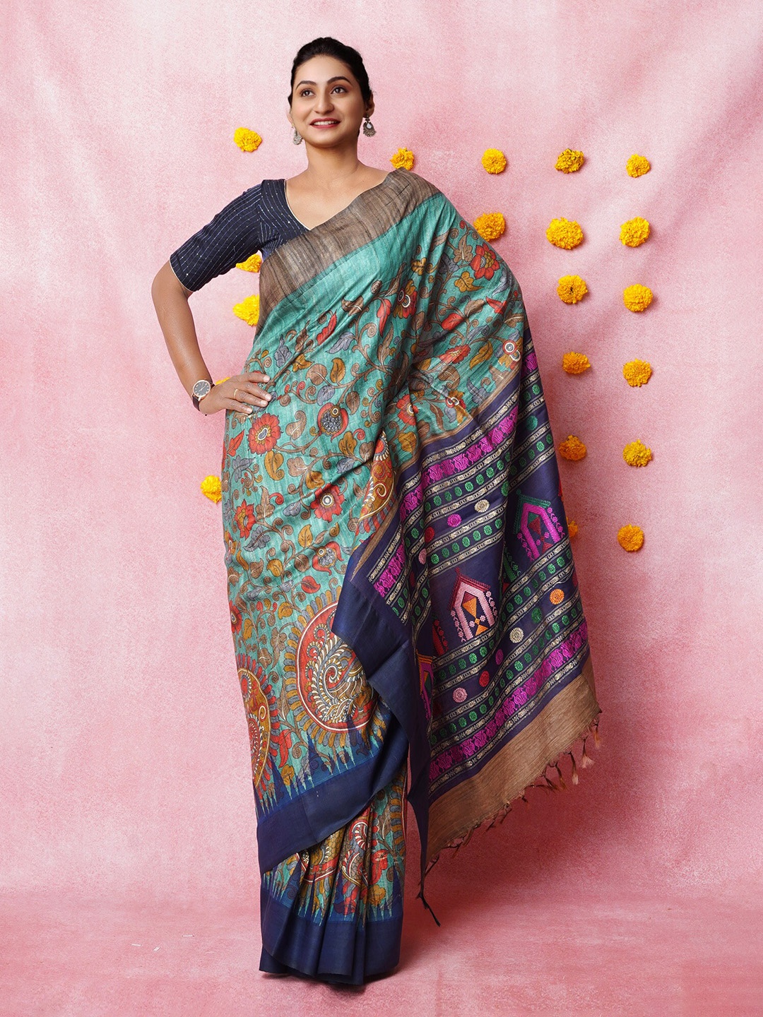 

Unnati Silks Kalamkari Printed Pure Silk Handloom Tussar Saree, Green