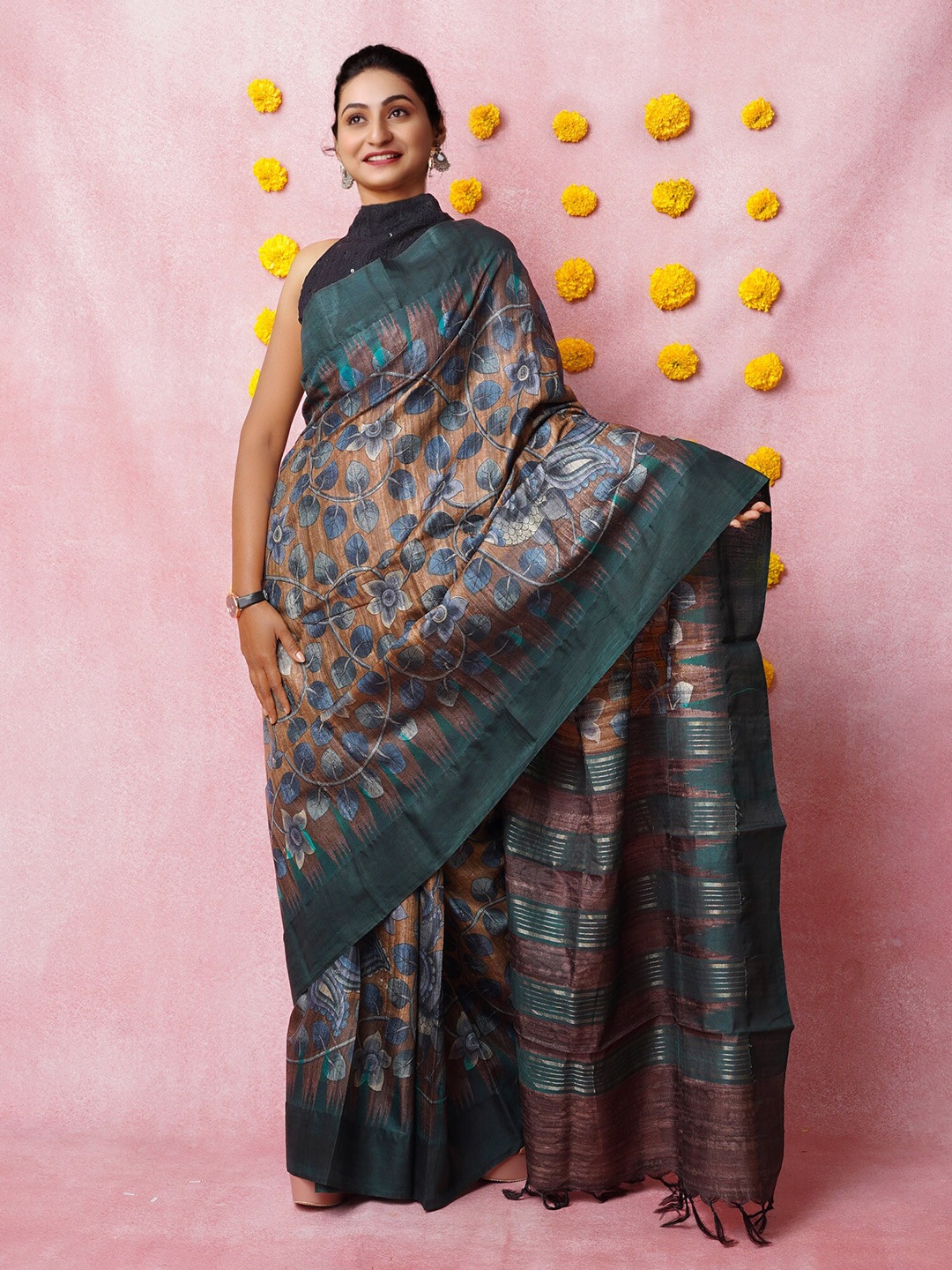 

Unnati Silks Kalamkari Printed Pure Silk Handloom Tussar Saree, Brown