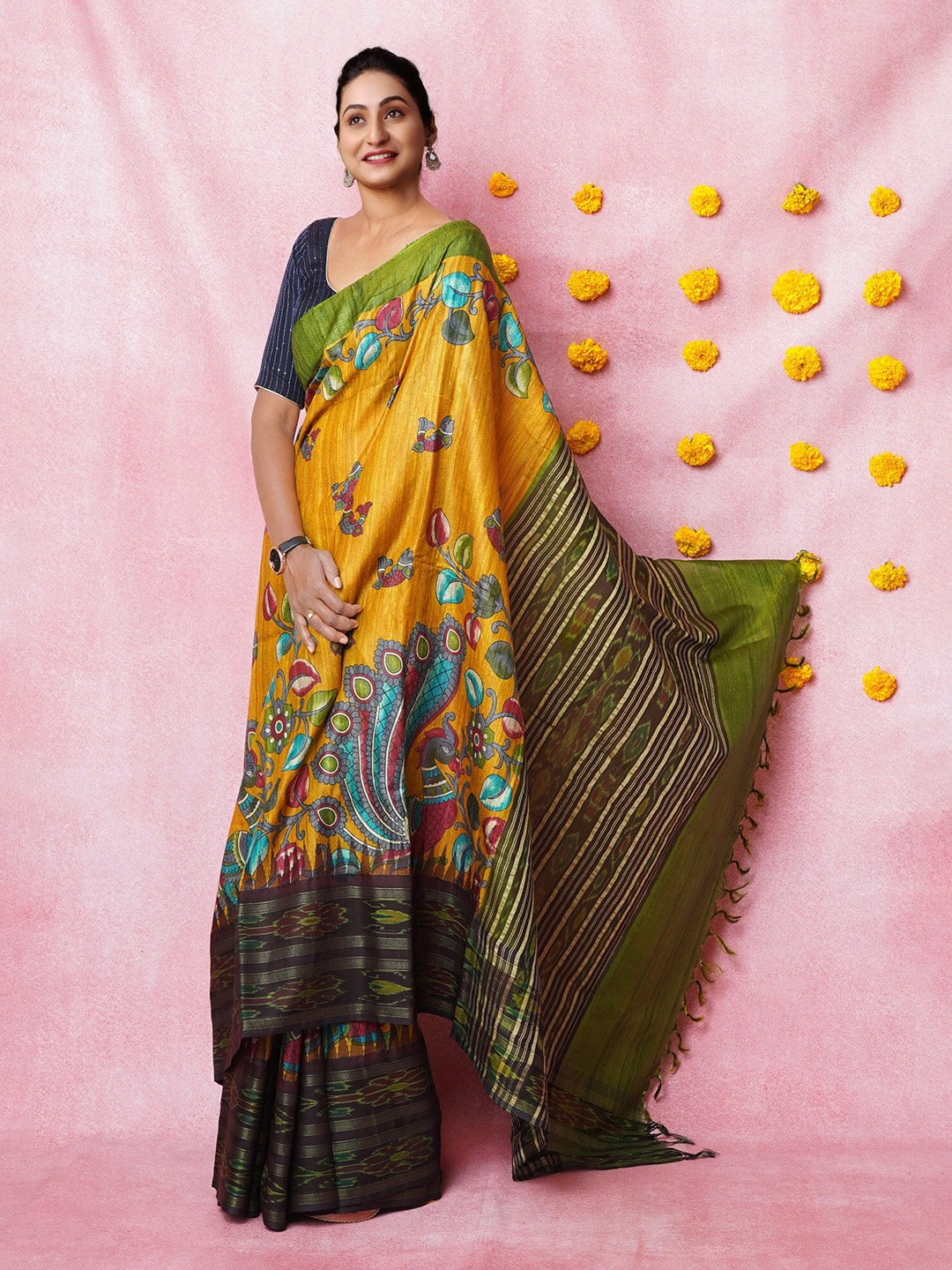 

Unnati Silks Kalamkari Printed Pure Silk Handloom Tussar Saree, Yellow