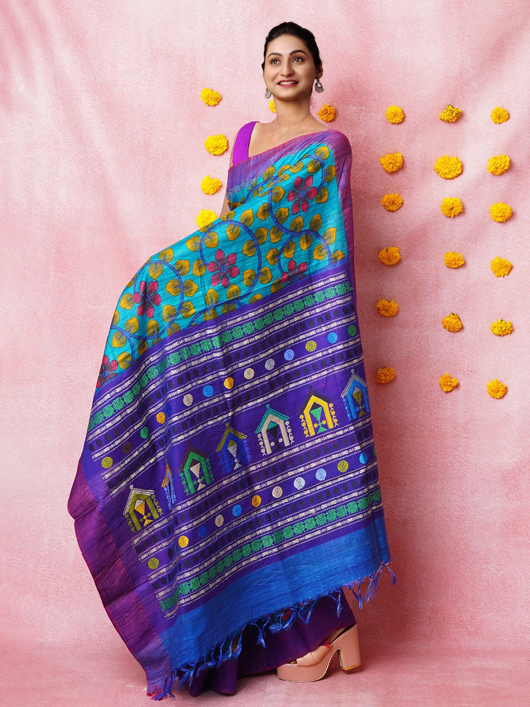 

Unnati Silks Kalamkari Printed Pure Silk Handloom Tussar Saree, Blue