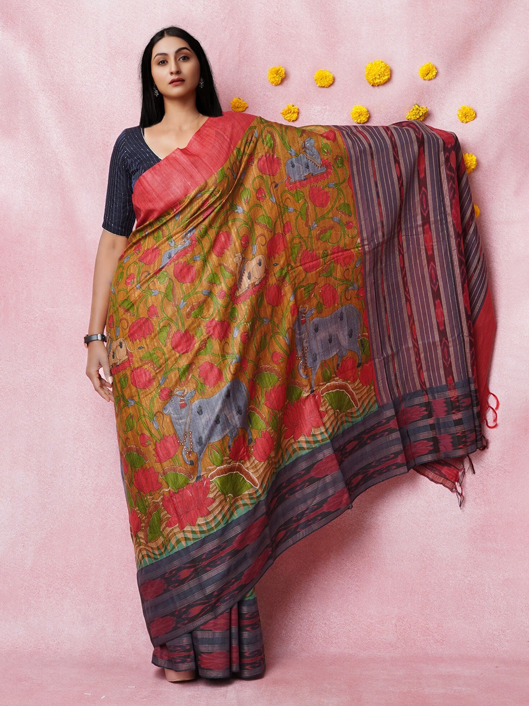 

Unnati Silks Kalamkari Printed Pure Silk Handloom Tussar Saree, Brown