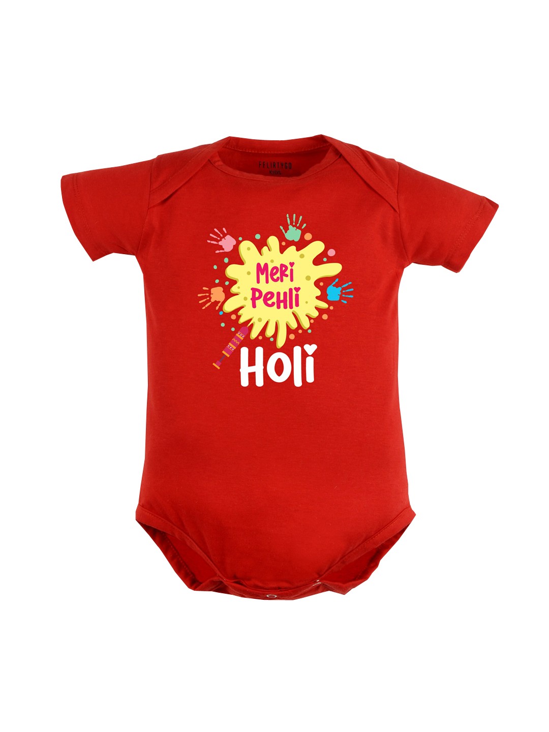 

FFLIRTYGO Infants Typography Printed Holi Special Pure Cotton Bodysuit, Red