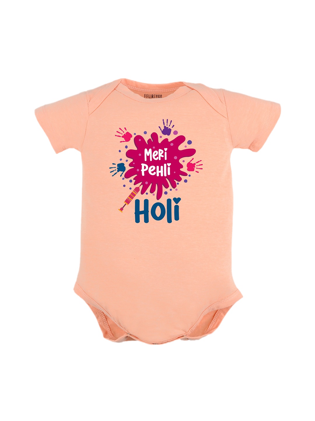 

FFLIRTYGO Infants Typography Printed Holi Special Pure Cotton Bodysuit, Peach