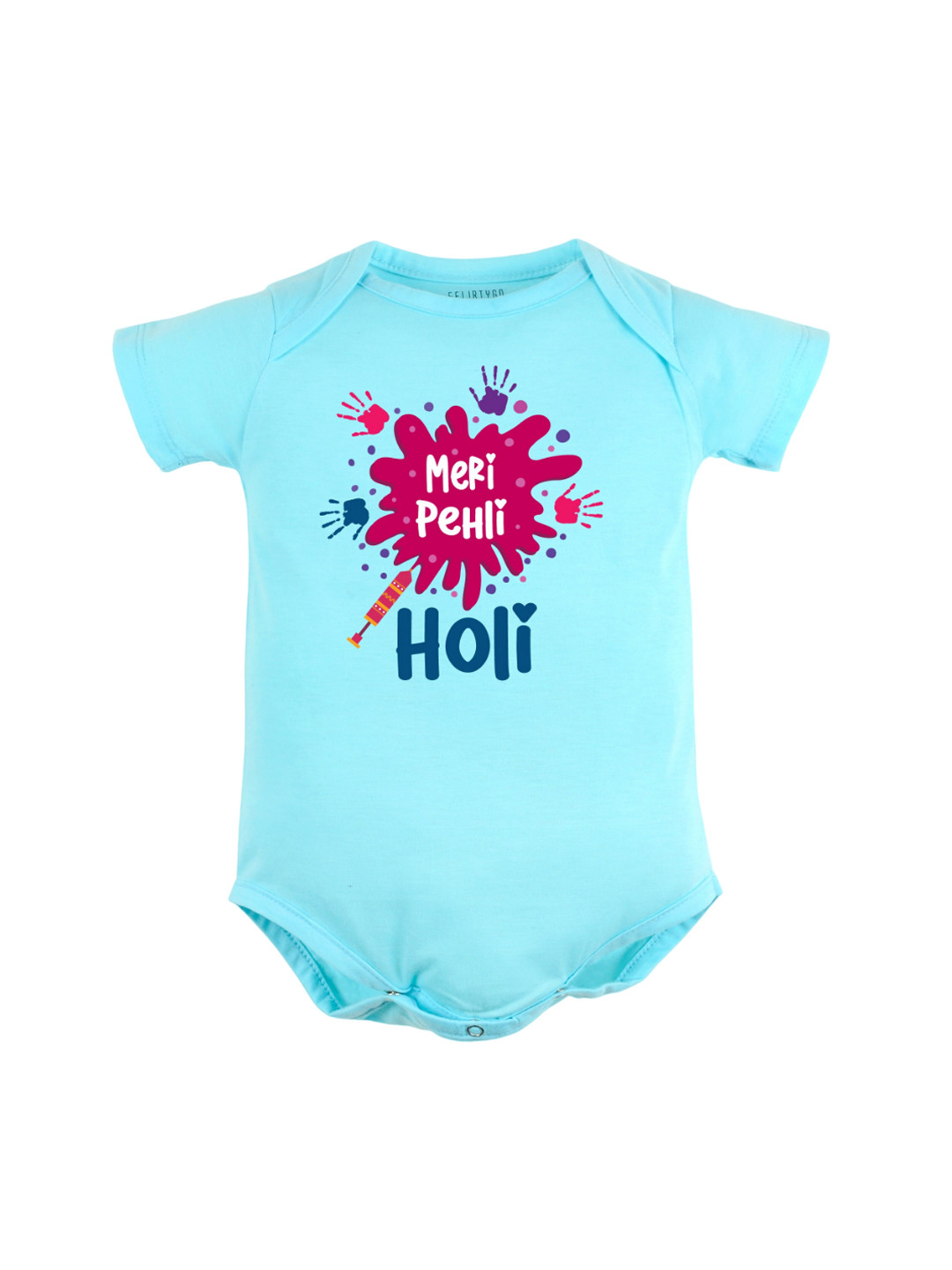 

FFLIRTYGO Infants Typography Printed Holi Special Pure Cotton Bodysuit, Turquoise blue
