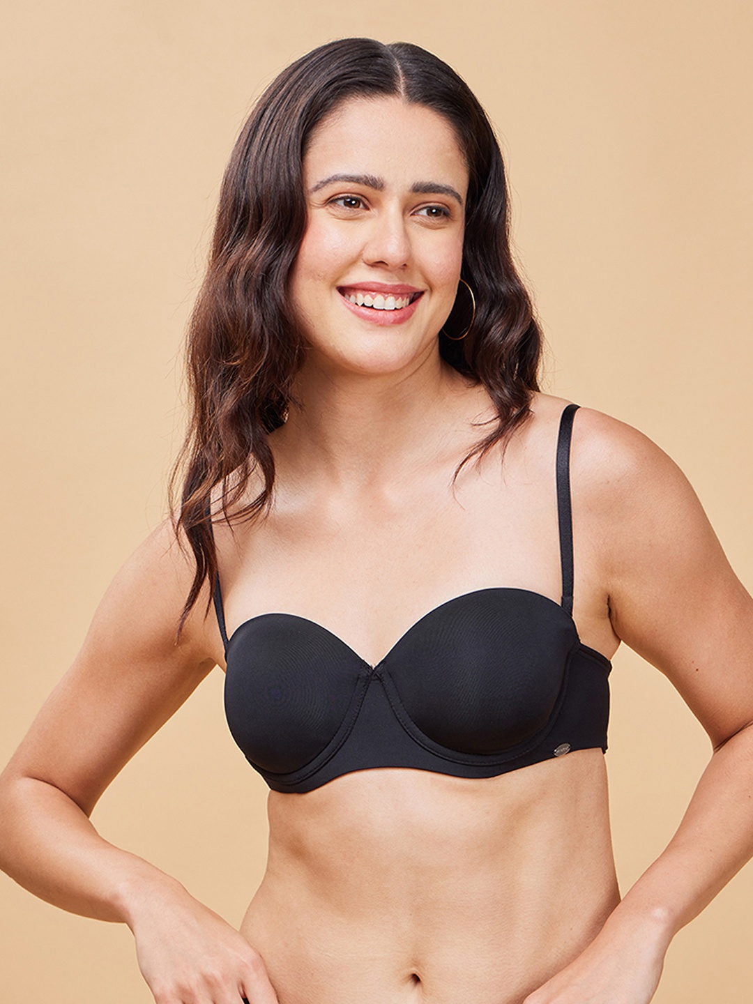 

Enamor Strapless Padded Wired & High-Coverage Transparent Back Bra F132, Black