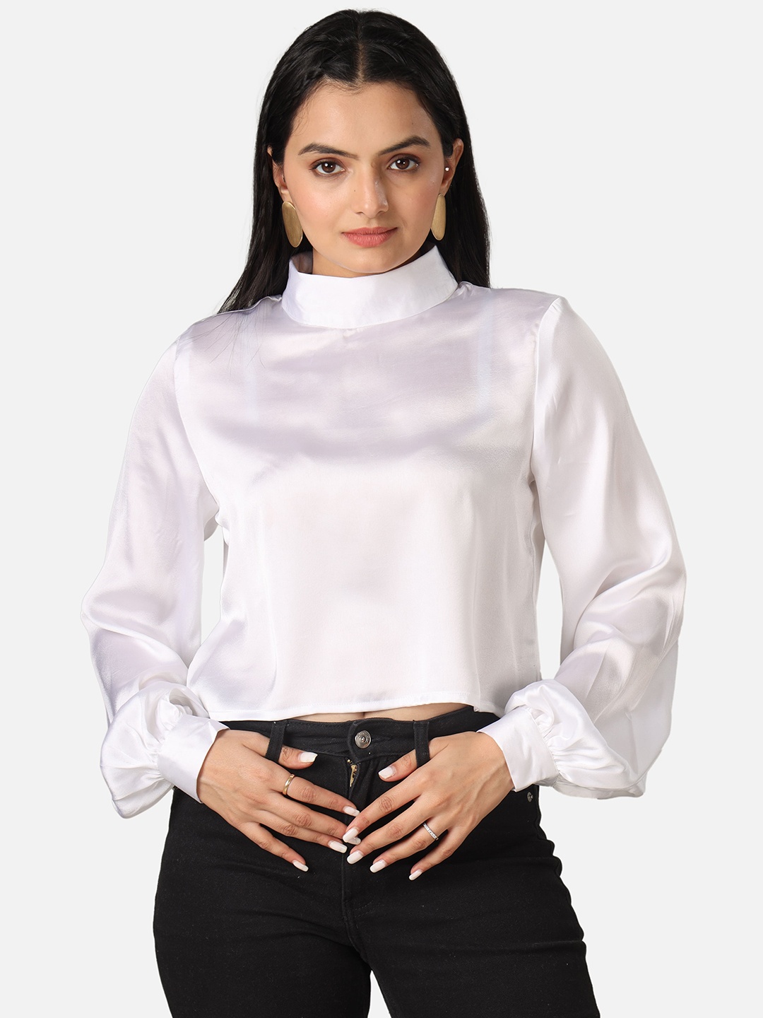 NEOFAA High Neck Puff Sleeves Satin Top, White