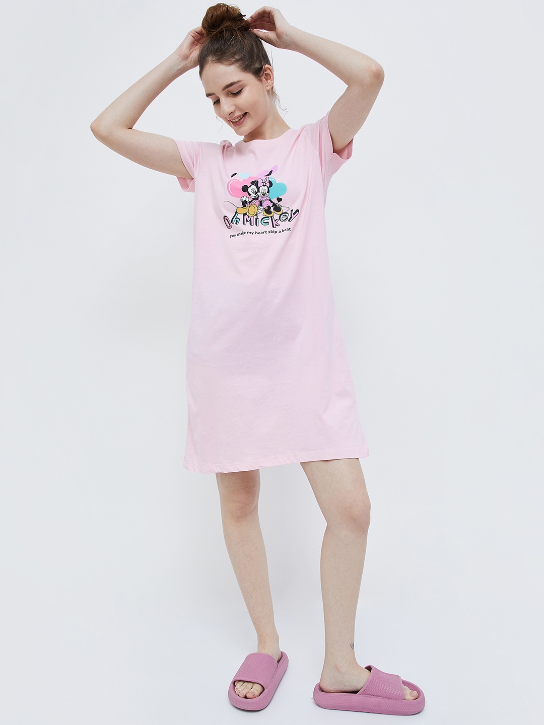 

Ginger by Lifestyle Mickey & Minnie Printed Pure Cotton T-shirt Nightdress, Pink