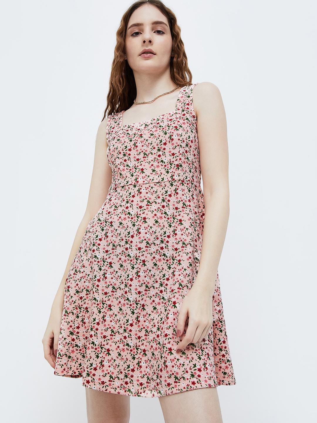 

Ginger by Lifestyle Floral Printed Square Neck A-Line Dress, Pink