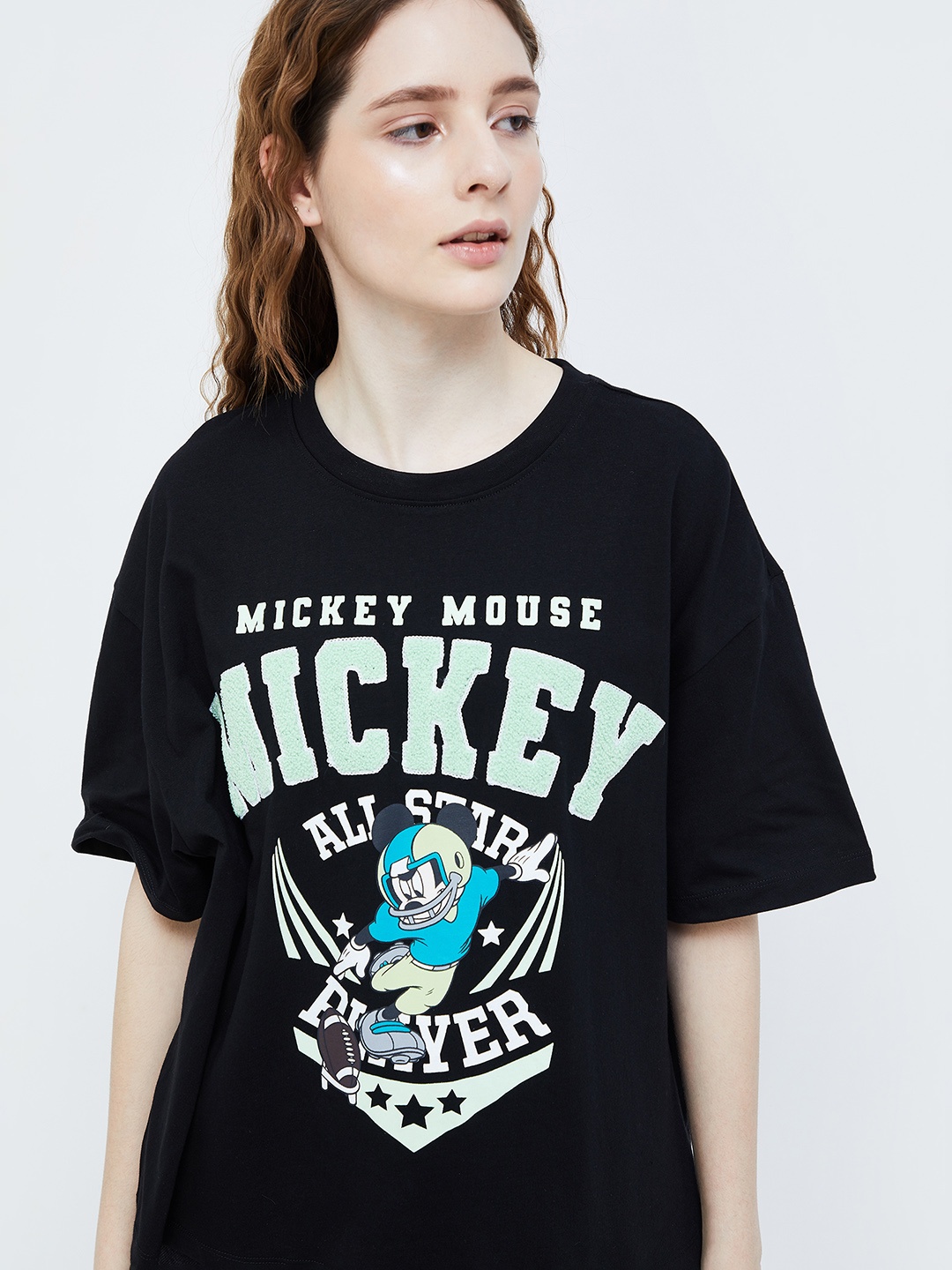 Ginger by Lifestyle Mickey Mouse Printed Oversized Pure Cotton T-shirt, Black