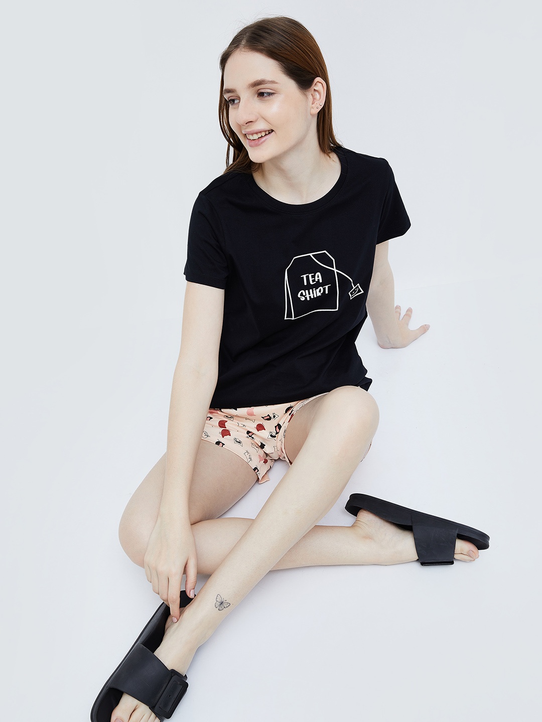 

Ginger by Lifestyle Graphic Printed Round Neck Cotton Lounge T-shirt, Black