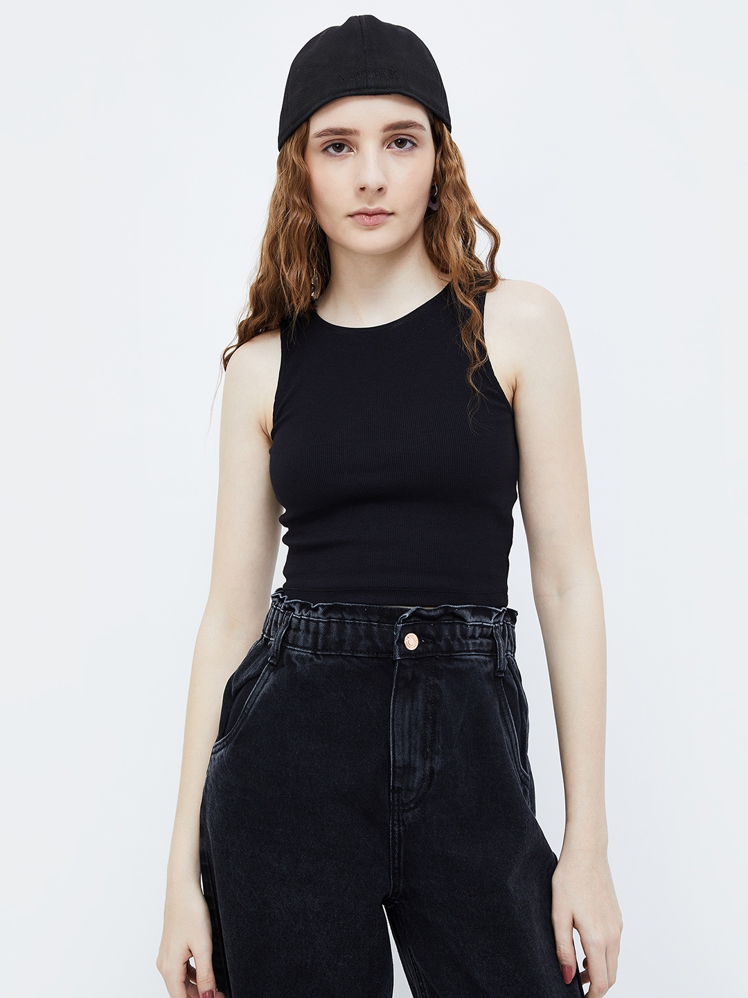 Ginger by Lifestyle Round Neck Cotton Tank Top, Black