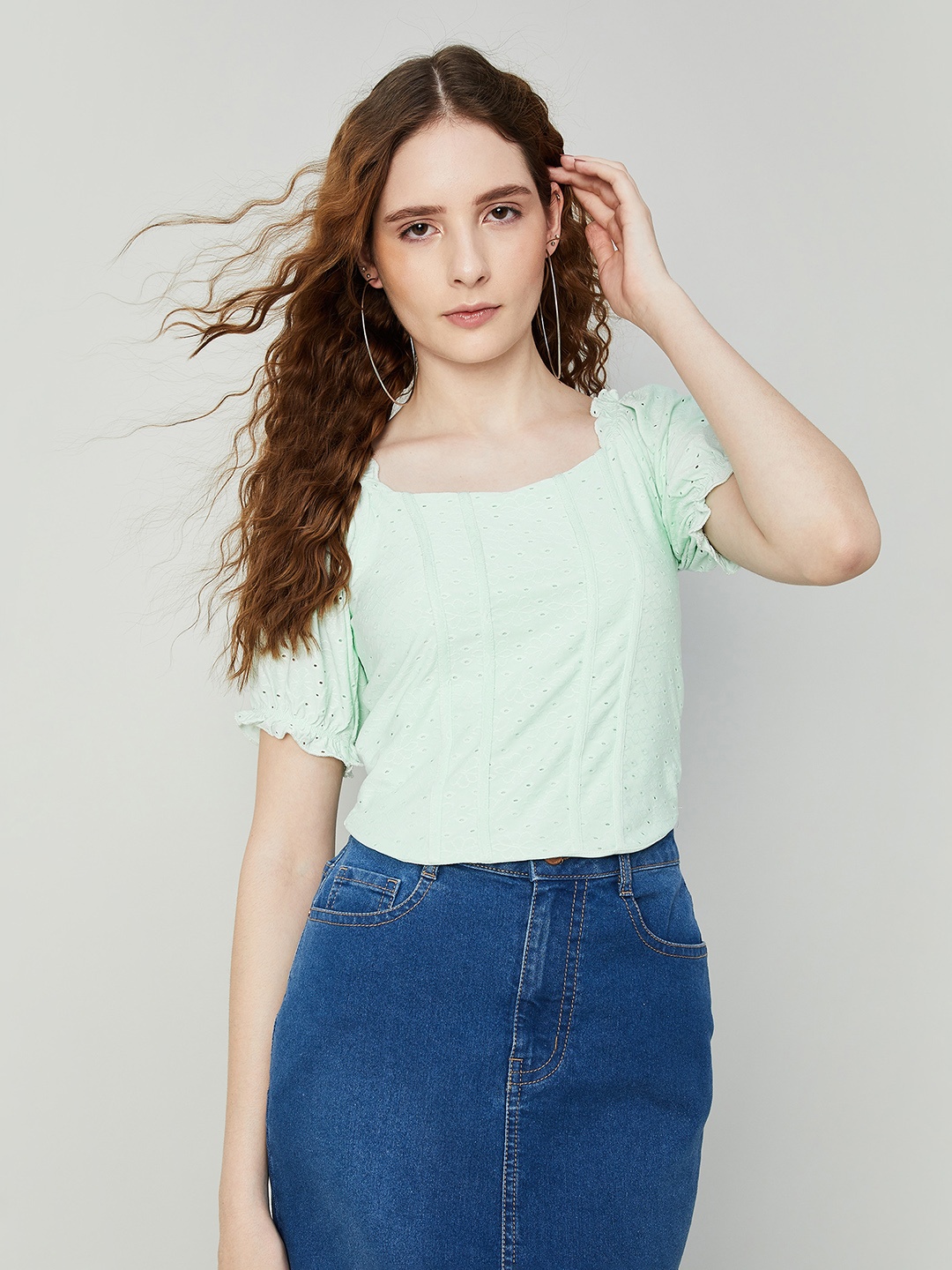 

Ginger by Lifestyle Self Design Square Neck Puff Sleeves Top, Green