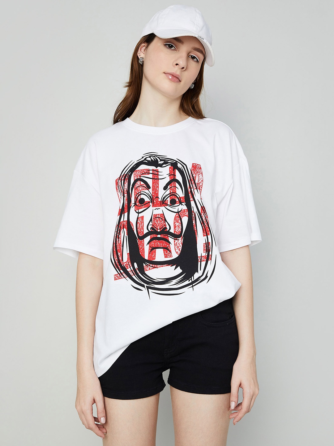 

Ginger by Lifestyle Money Heist Printed Drop-Shoulder Sleeves Cotton T-shirt, White