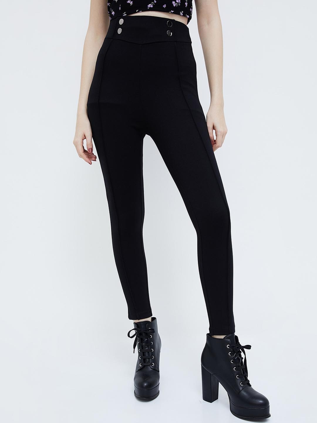 

Ginger by Lifestyle Women Skinny Fit High-Rise Knitted Trousers, Black