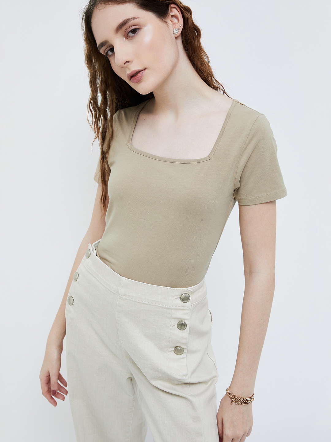 

Ginger by Lifestyle Square Neck Cotton Top, Beige