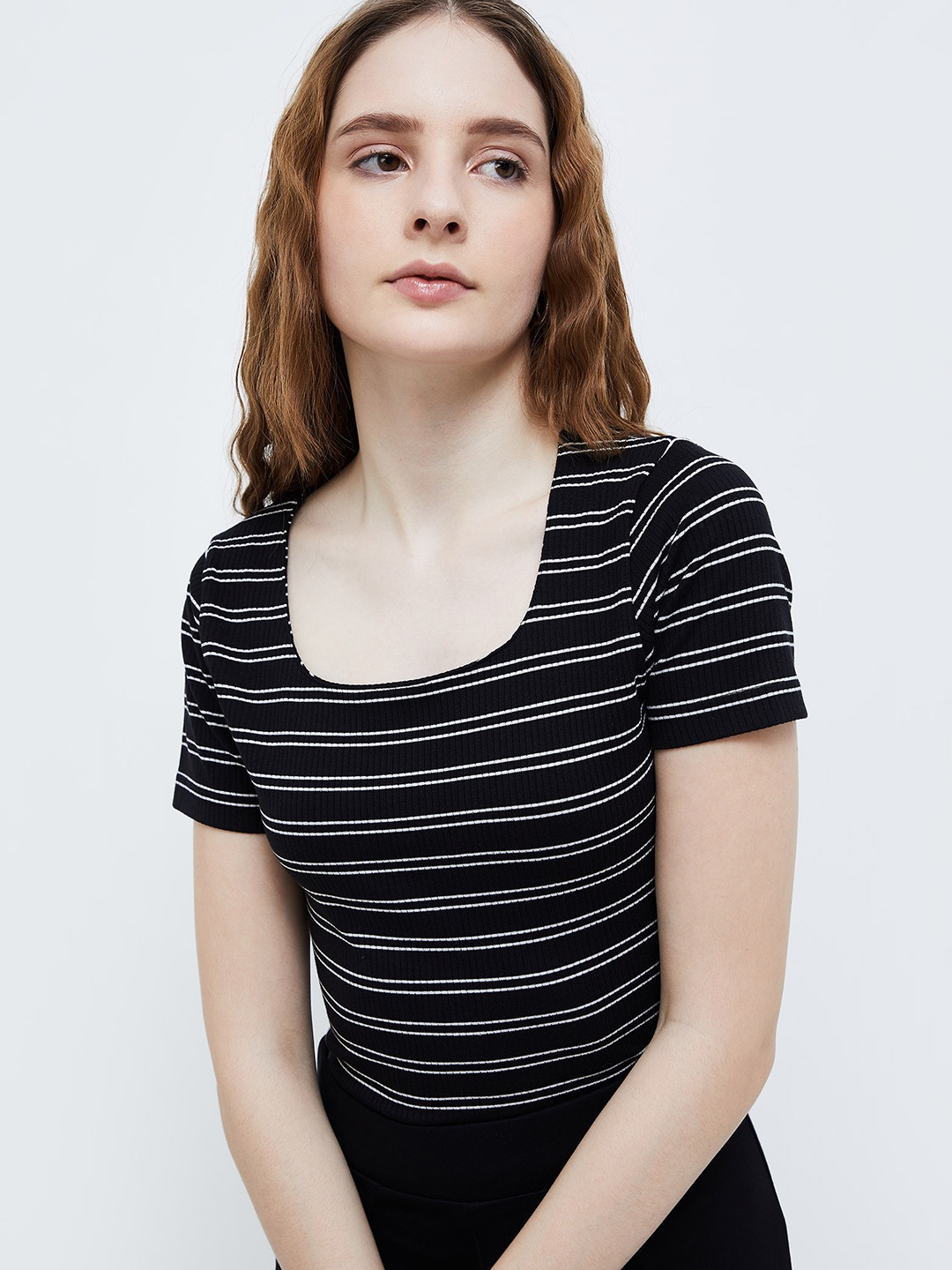 

Ginger by Lifestyle Horizontal Striped Round Neck Cotton Top, Black