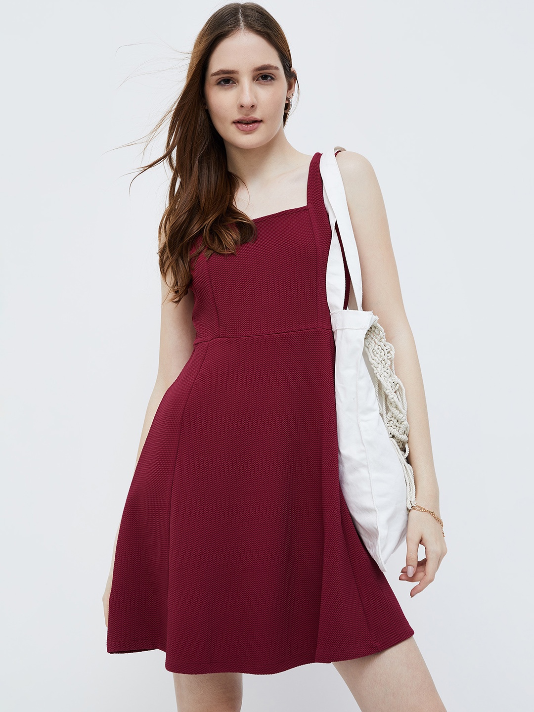 

Ginger by Lifestyle Self Design Square Neck Fit & Flare Dress, Maroon