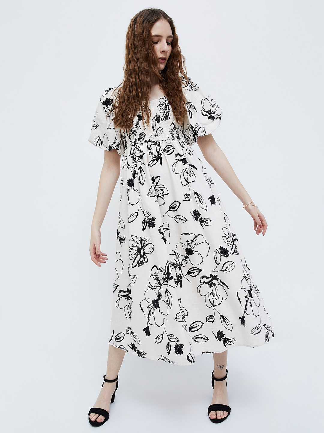 

Ginger by Lifestyle Floral Print Cotton Puff Sleeve Fit & Flare Midi Dress, White