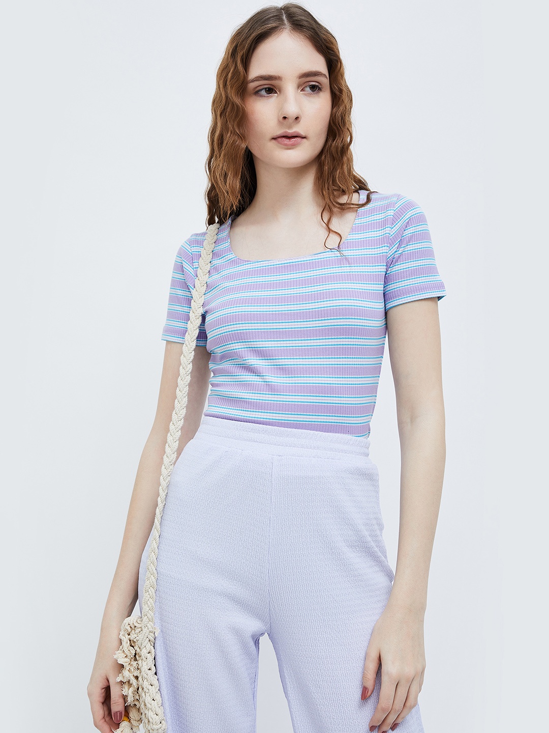 

Ginger by Lifestyle Horizontal Striped Cotton Top, Purple