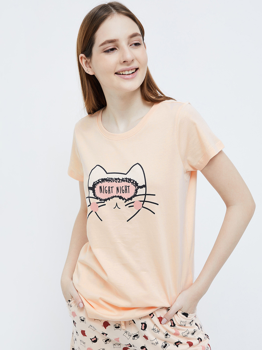 

Ginger by Lifestyle Graphic Printed Pure Cotton Lounge Tshirts, Peach