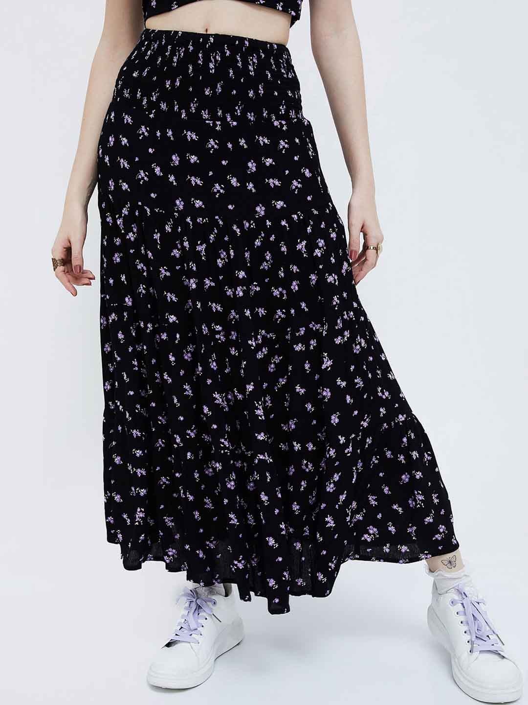 

Ginger by Lifestyle Floral Printed Flared Maxi Skirt, Black