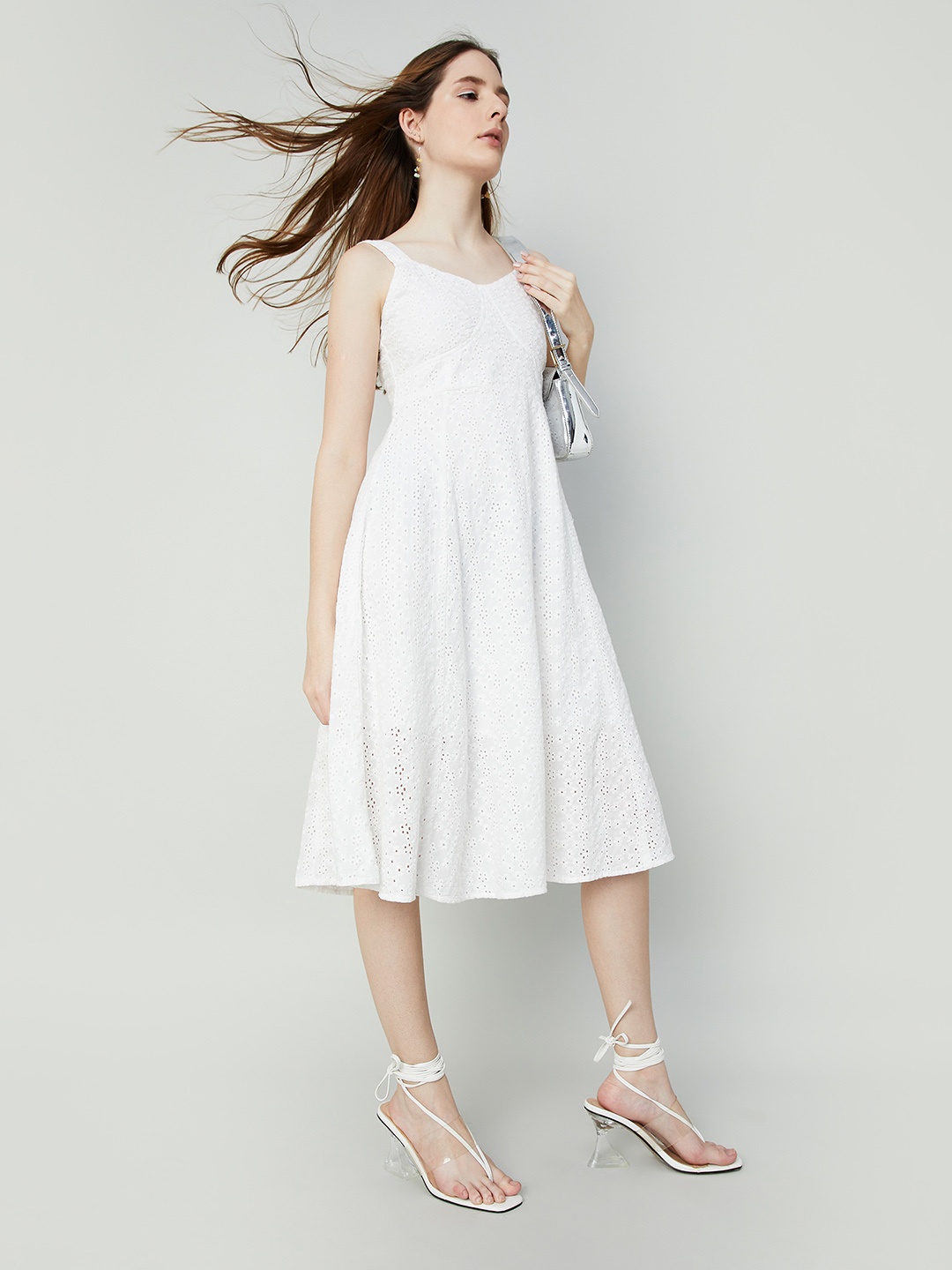 

Ginger by Lifestyle Self Design Shoulder Straps Cotton A-Line Midi Dress, White