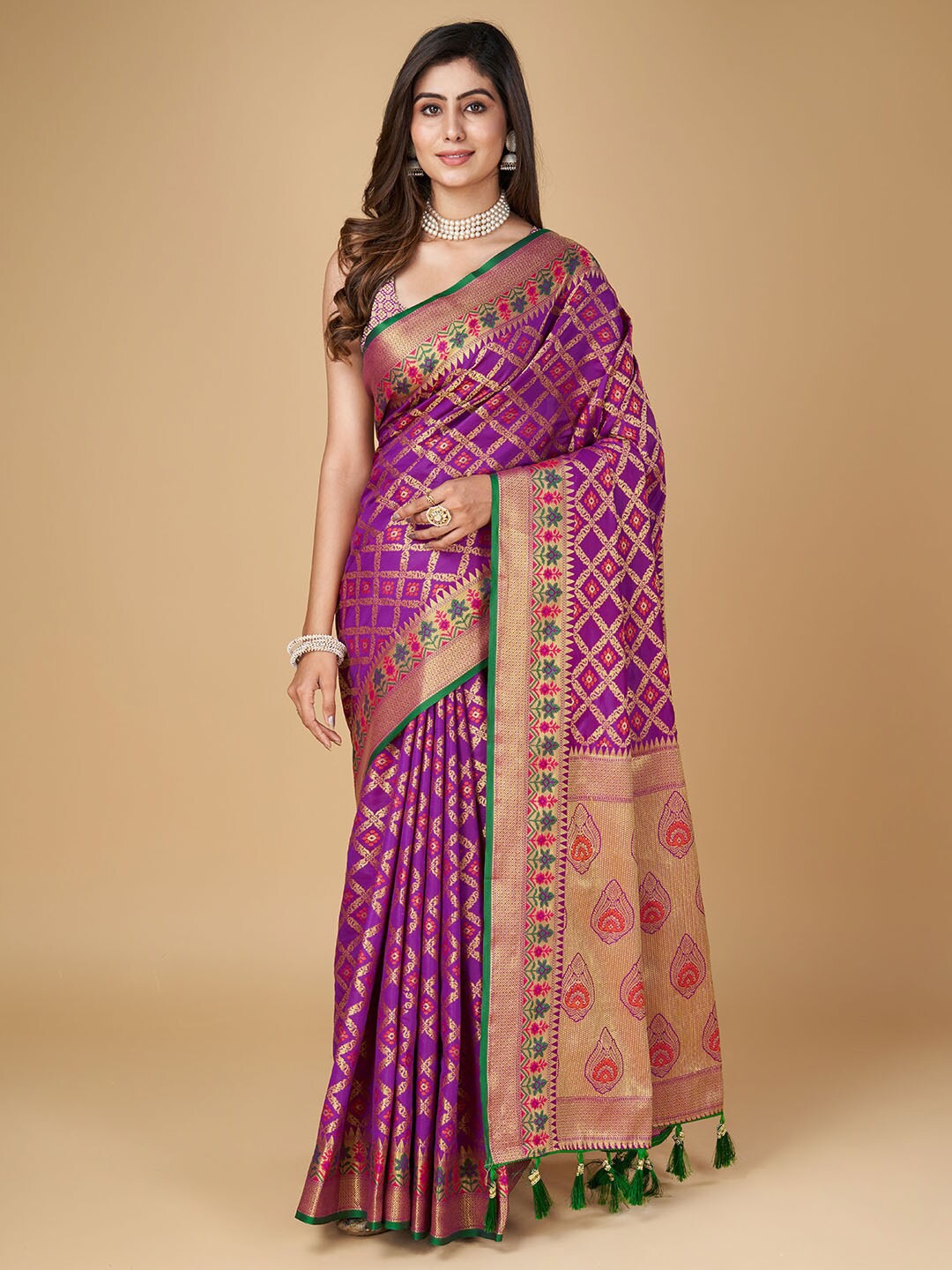 

RAJ DHARMA SILK Ethnic Motifs Woven Design Zari Patola Saree, Purple
