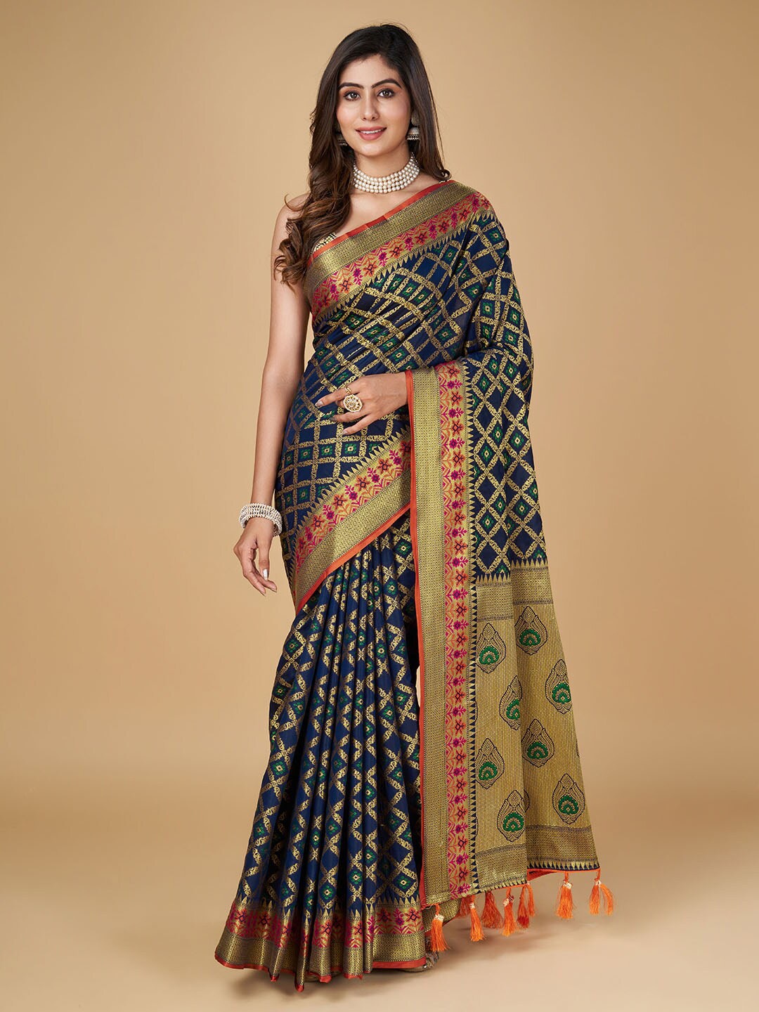 

RAJ DHARMA SILK Ethnic Motifs Woven Design Zari Patola Saree, Navy blue
